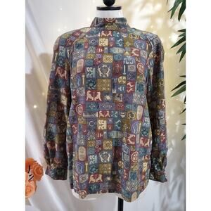 Silks VTG 80s 90s Egyptian Hieroglyph Long Sleeve Mock Blouse Womens Size M Top